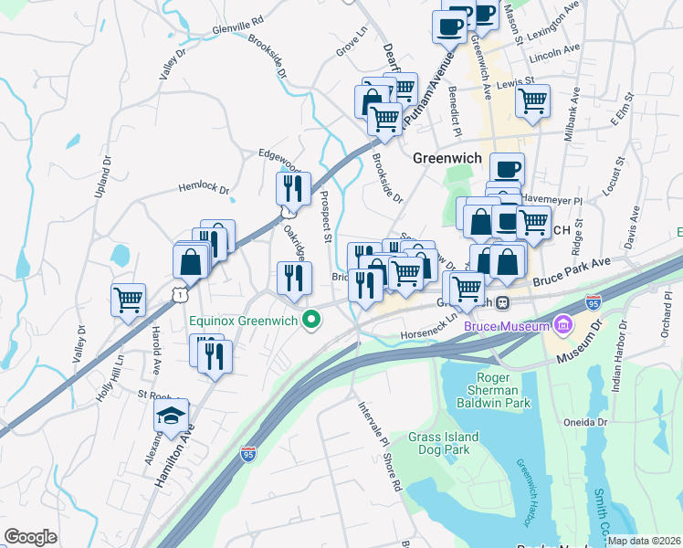 map of restaurants, bars, coffee shops, grocery stores, and more near 27 Bridge Street in Greenwich