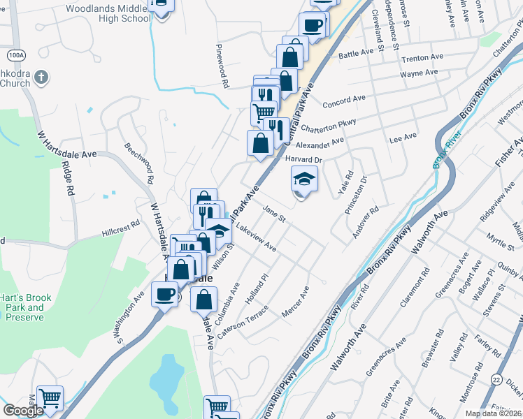 map of restaurants, bars, coffee shops, grocery stores, and more near 10 Jane Street in Hartsdale
