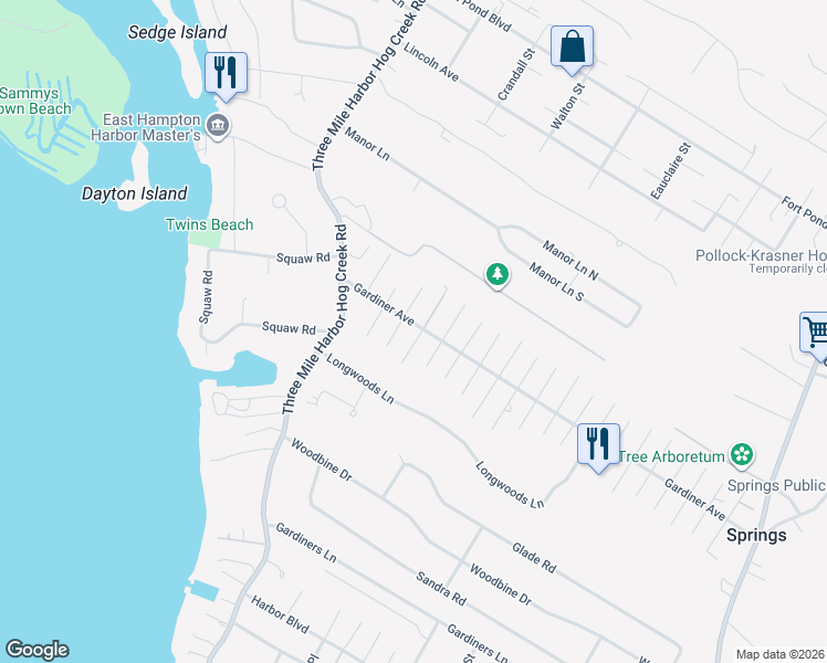 map of restaurants, bars, coffee shops, grocery stores, and more near 36 Gardiner Avenue in East Hampton