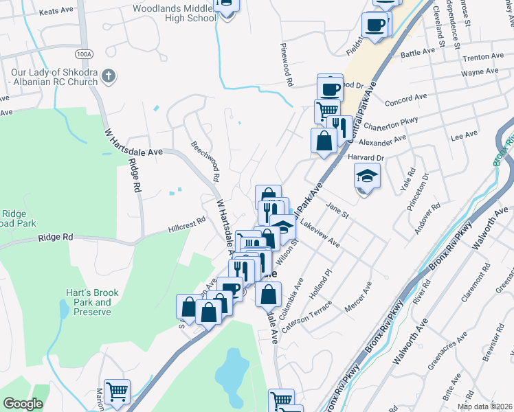 map of restaurants, bars, coffee shops, grocery stores, and more near 75 Elmwood Road in Hartsdale