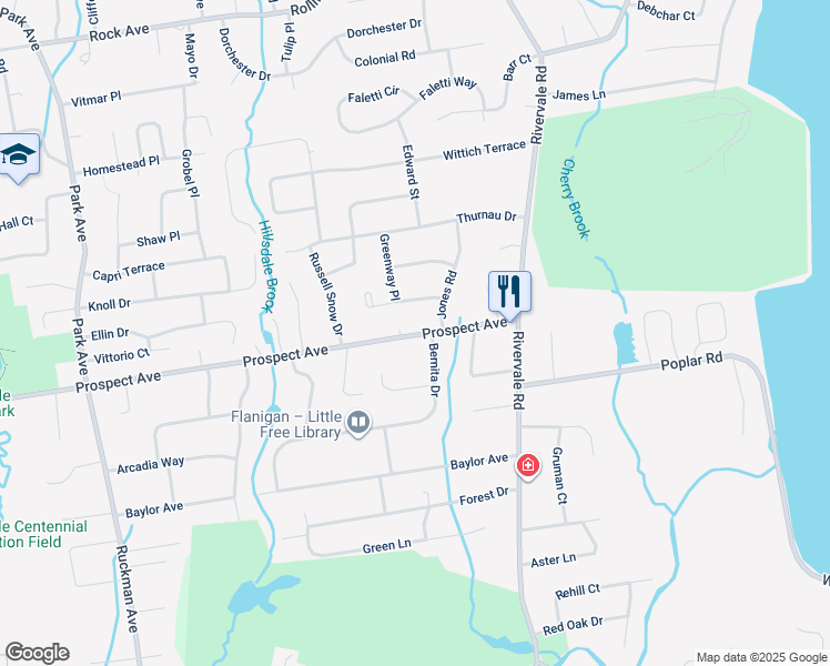 map of restaurants, bars, coffee shops, grocery stores, and more near 581 Prospect Avenue in River Vale