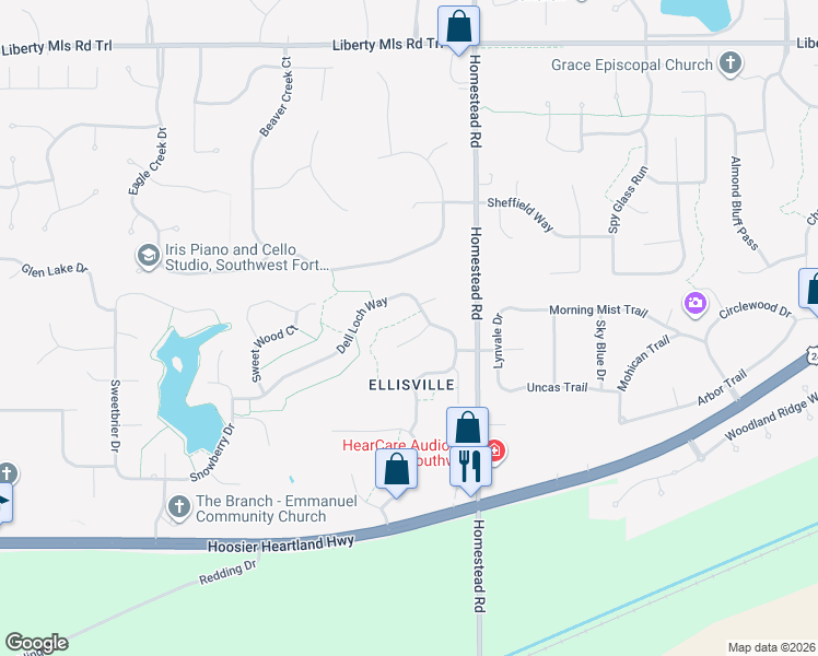 map of restaurants, bars, coffee shops, grocery stores, and more near 11114 Bitter Dell Court in Fort Wayne