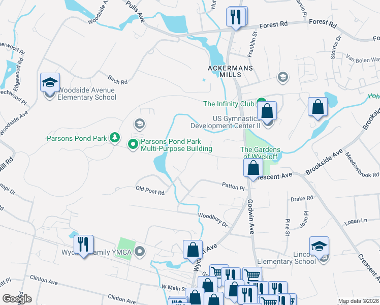 map of restaurants, bars, coffee shops, grocery stores, and more near 453 Old Post Road in Wyckoff