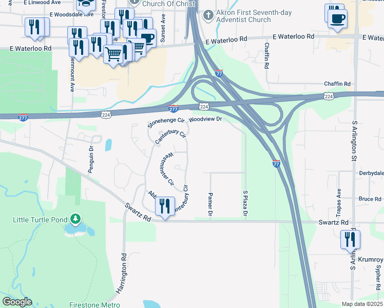 map of restaurants, bars, coffee shops, grocery stores, and more near 2282 Canterbury Circle in Akron