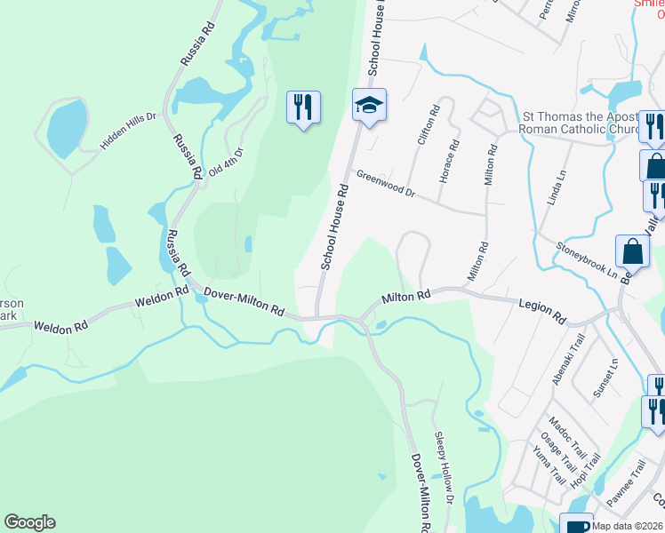 map of restaurants, bars, coffee shops, grocery stores, and more near 14 School House Road in Jefferson