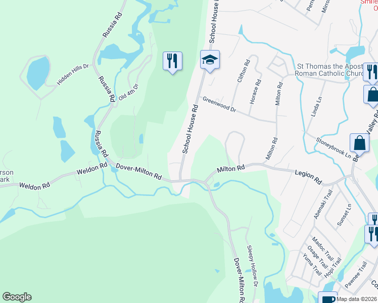 map of restaurants, bars, coffee shops, grocery stores, and more near 14 School House Road in Jefferson