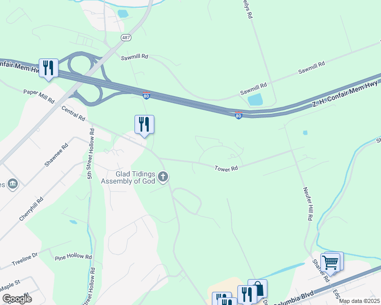 map of restaurants, bars, coffee shops, grocery stores, and more near 2480 Tower Road in Bloomsburg