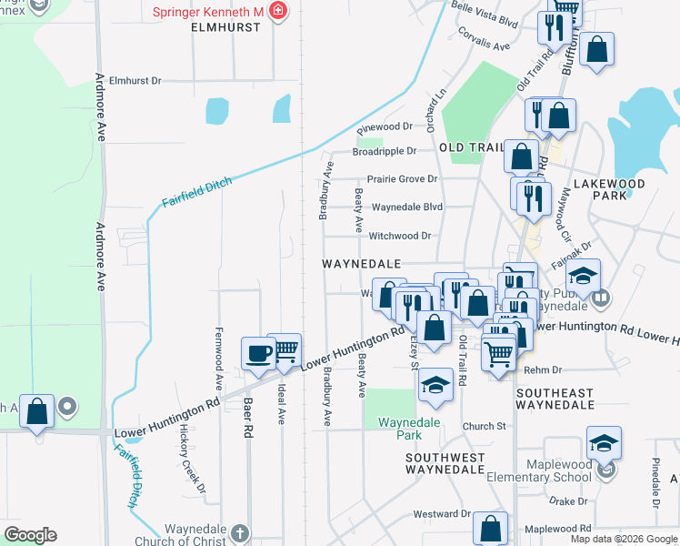 map of restaurants, bars, coffee shops, grocery stores, and more near 3009 Fairoak Drive in Fort Wayne