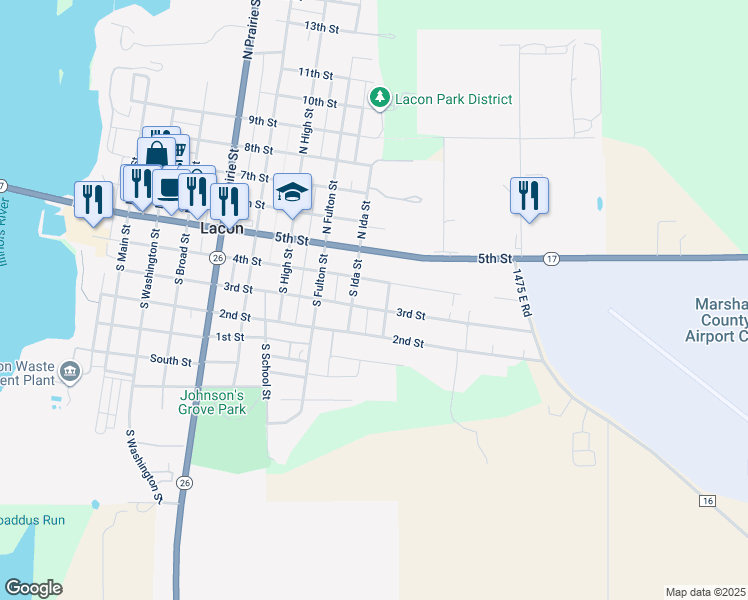map of restaurants, bars, coffee shops, grocery stores, and more near 218 South Locust Street in Lacon