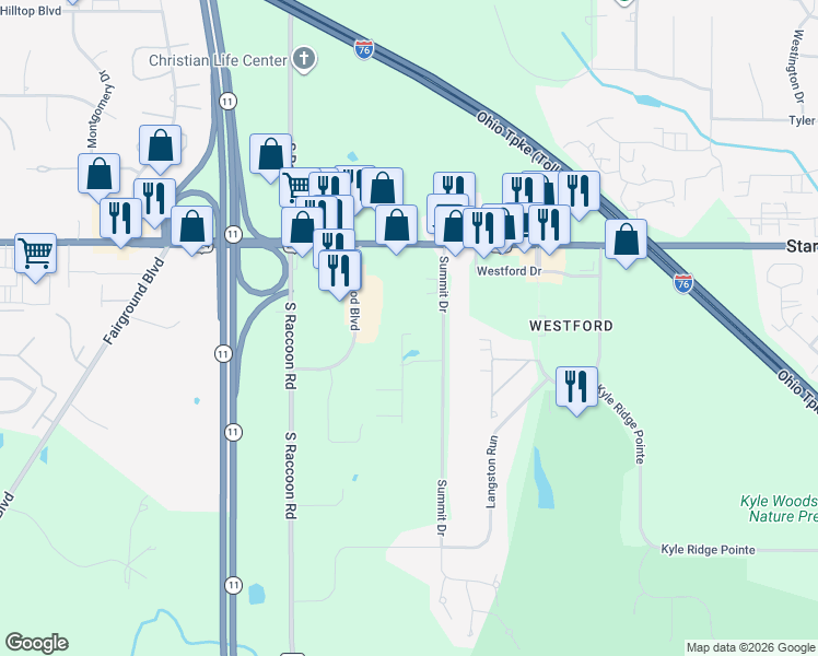 map of restaurants, bars, coffee shops, grocery stores, and more near 6699 Ironwood Boulevard in Canfield
