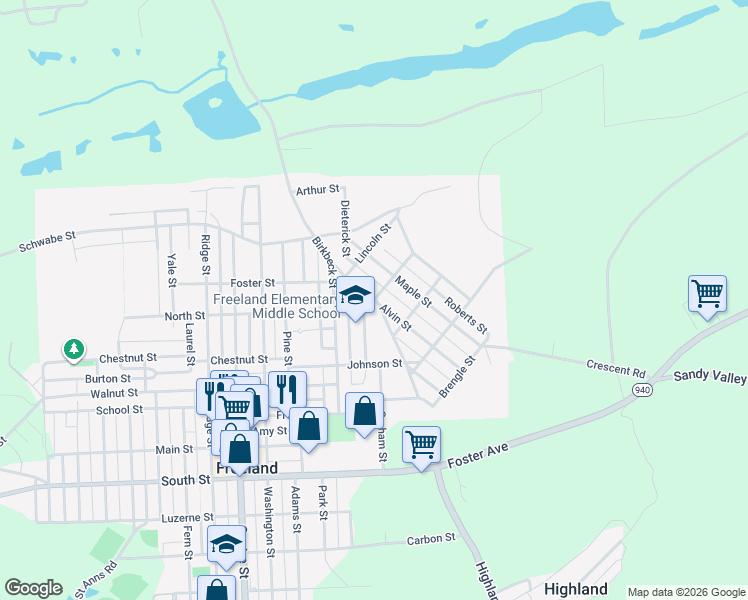 map of restaurants, bars, coffee shops, grocery stores, and more near 400 Alvin Street in Freeland