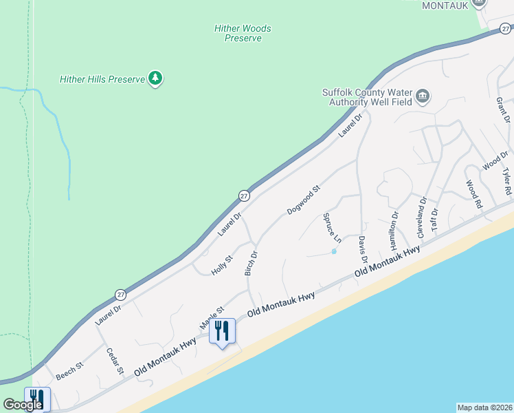 map of restaurants, bars, coffee shops, grocery stores, and more near 78 Laurel Drive in Montauk