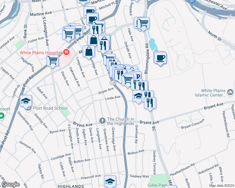 map of restaurants, bars, coffee shops, grocery stores, and more near 70 Linda Avenue in White Plains