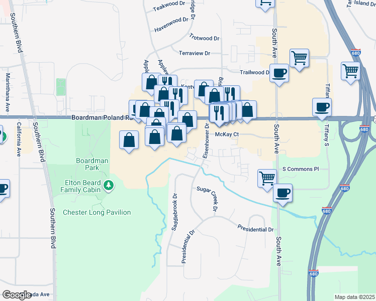 map of restaurants, bars, coffee shops, grocery stores, and more near 7368 Eisenhower Drive in Youngstown