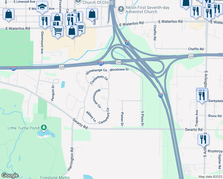 map of restaurants, bars, coffee shops, grocery stores, and more near 2282 Canterbury Circle in Akron