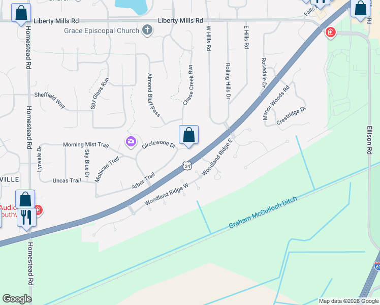 map of restaurants, bars, coffee shops, grocery stores, and more near 9820-9978 West Jefferson Boulevard in Fort Wayne