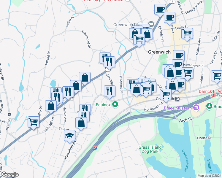 map of restaurants, bars, coffee shops, grocery stores, and more near 64 Oakridge Street in Greenwich
