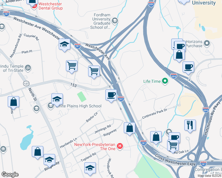 map of restaurants, bars, coffee shops, grocery stores, and more near 1113 Westchester Avenue in White Plains