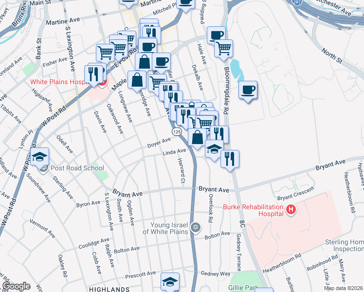 map of restaurants, bars, coffee shops, grocery stores, and more near 20 Old Mamaroneck Road in White Plains