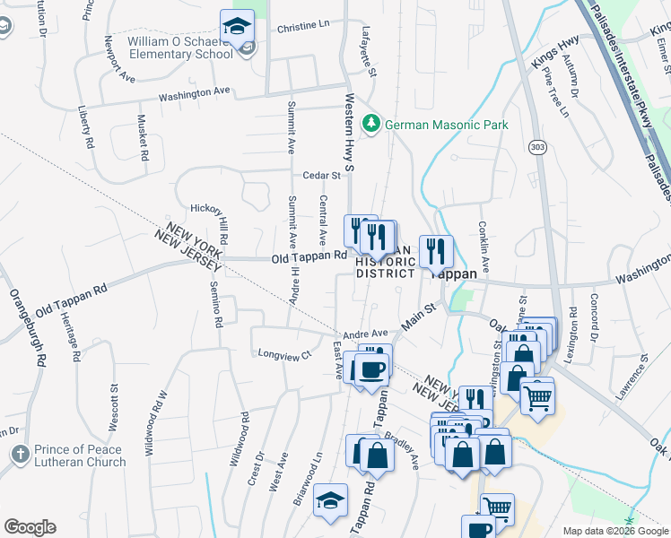 map of restaurants, bars, coffee shops, grocery stores, and more near 34 Stephens Road in Tappan