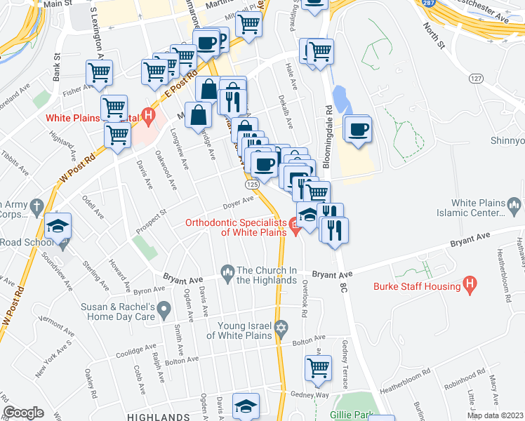 map of restaurants, bars, coffee shops, grocery stores, and more near 70 Linda Avenue in White Plains
