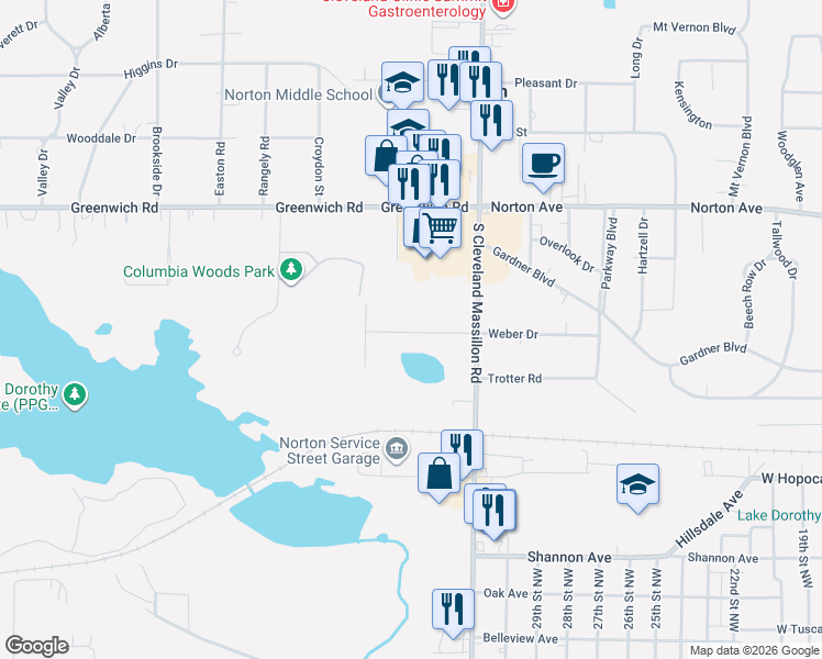 map of restaurants, bars, coffee shops, grocery stores, and more near 3316 Weber Drive in Norton