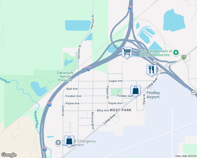 map of restaurants, bars, coffee shops, grocery stores, and more near 1512 Logan Avenue in Findlay