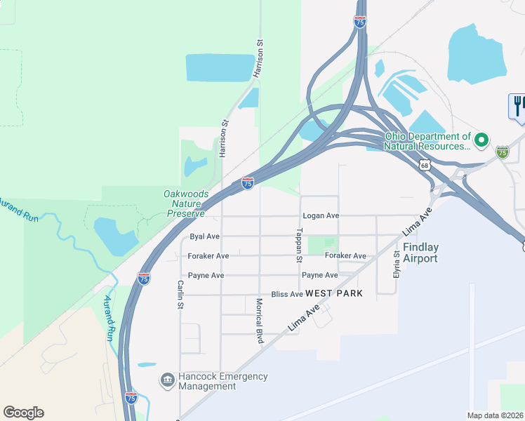 map of restaurants, bars, coffee shops, grocery stores, and more near 1441 Morrical Boulevard in Findlay
