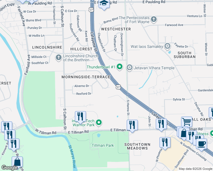 map of restaurants, bars, coffee shops, grocery stores, and more near 533 Edgeknoll Lane in Fort Wayne