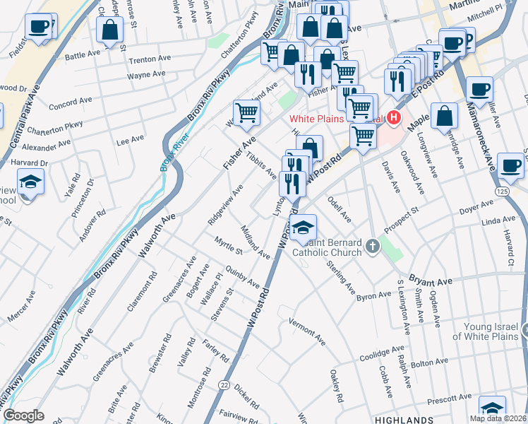 map of restaurants, bars, coffee shops, grocery stores, and more near 4 Sterling Avenue in White Plains