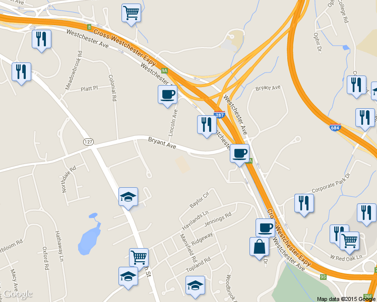 map of restaurants, bars, coffee shops, grocery stores, and more near 515 Bryant Avenue in White Plains