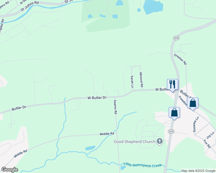map of restaurants, bars, coffee shops, grocery stores, and more near 25 Hilltop Lane in Drums