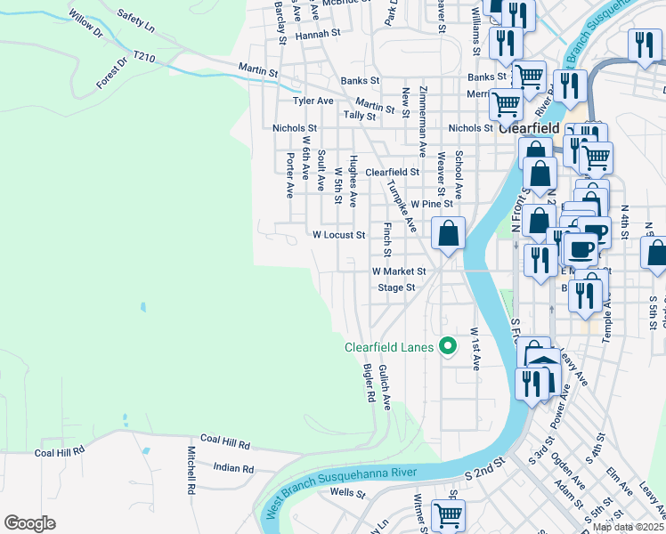 map of restaurants, bars, coffee shops, grocery stores, and more near 500-554 West Market Street in Clearfield