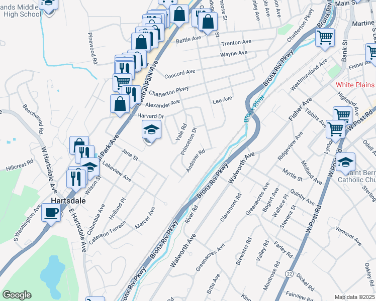 map of restaurants, bars, coffee shops, grocery stores, and more near 144 Princeton Drive in Hartsdale