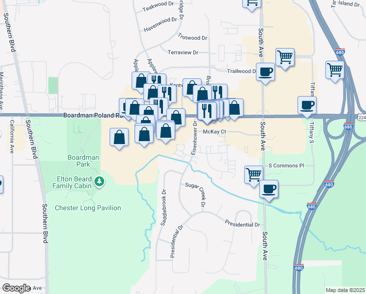 map of restaurants, bars, coffee shops, grocery stores, and more near 7368 Eisenhower Drive in Youngstown