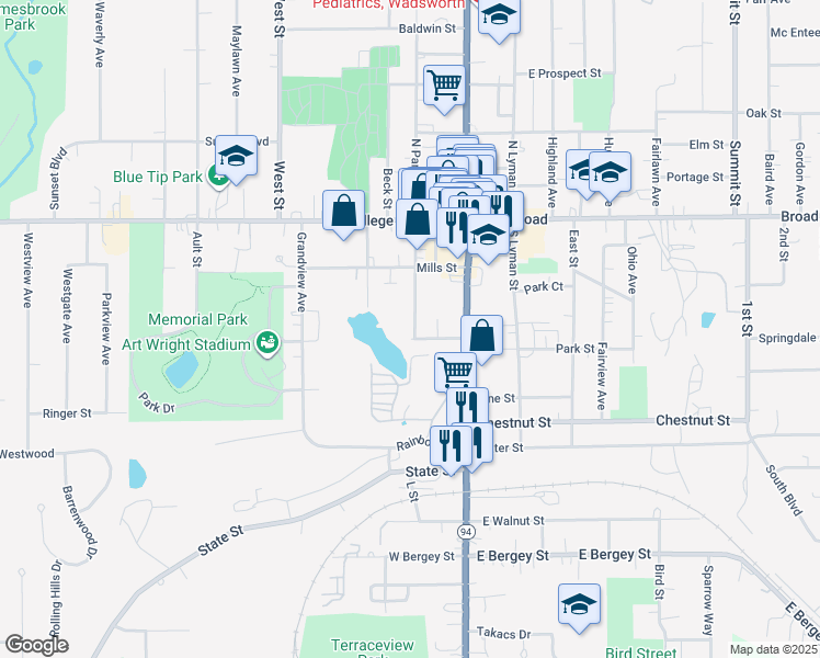 map of restaurants, bars, coffee shops, grocery stores, and more near 214 South Pardee Street in Wadsworth