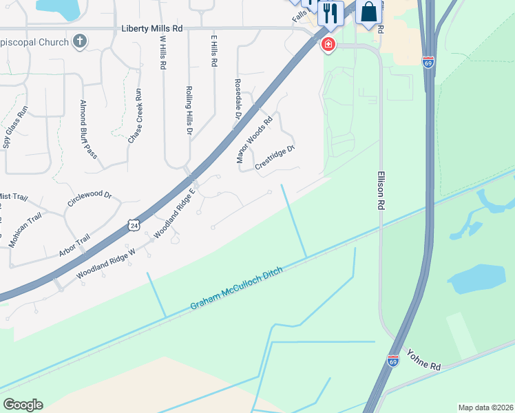 map of restaurants, bars, coffee shops, grocery stores, and more near 6515 East Canal Pointe Lane in Fort Wayne