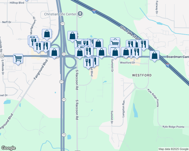 map of restaurants, bars, coffee shops, grocery stores, and more near 6689 Ironwood Boulevard in Canfield