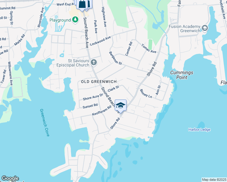 map of restaurants, bars, coffee shops, grocery stores, and more near 5 Clark Street in Greenwich