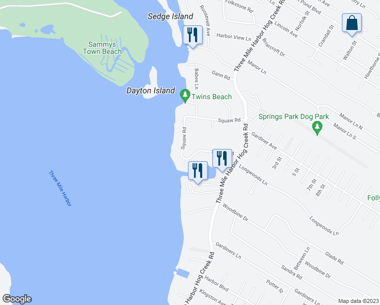map of restaurants, bars, coffee shops, grocery stores, and more near 47 Squaw Road in East Hampton