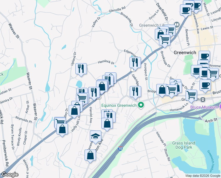 map of restaurants, bars, coffee shops, grocery stores, and more near 364 West Putnam Avenue in Greenwich