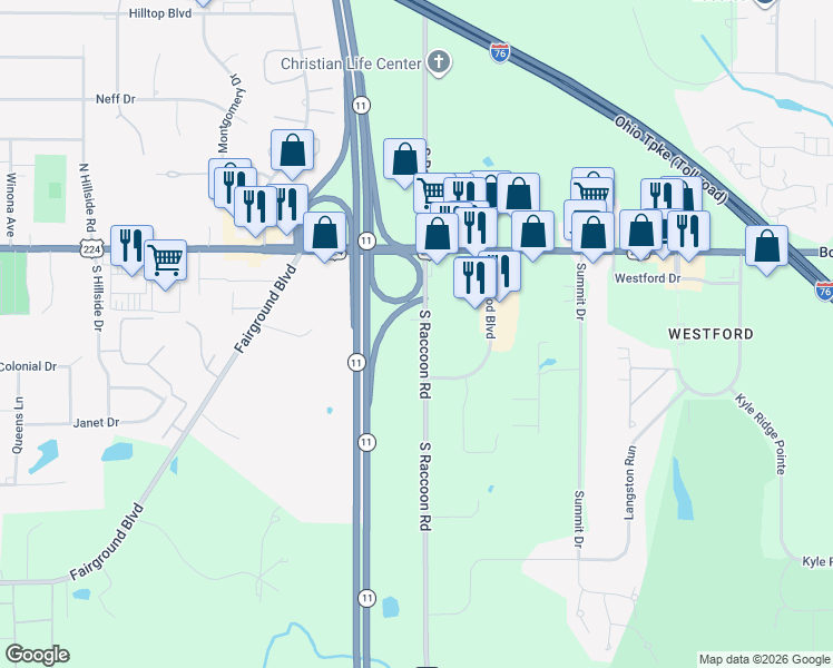 map of restaurants, bars, coffee shops, grocery stores, and more near 6670 South Raccoon Road in Canfield
