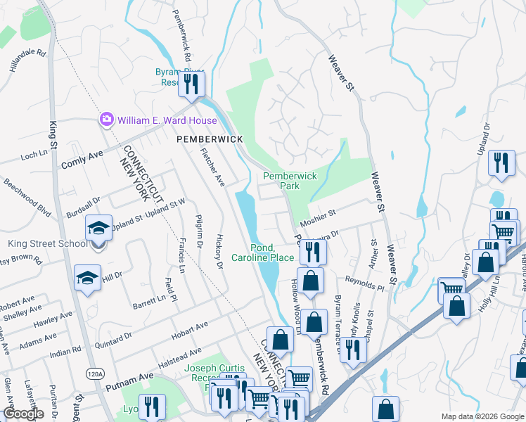 map of restaurants, bars, coffee shops, grocery stores, and more near 11 Rex Street in Greenwich