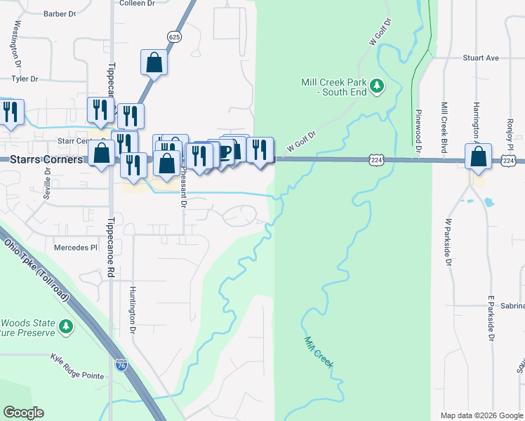 map of restaurants, bars, coffee shops, grocery stores, and more near 1203 Red Tail Hawk Court in Youngstown