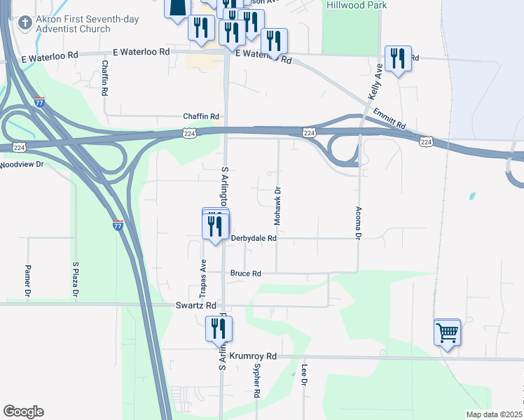 map of restaurants, bars, coffee shops, grocery stores, and more near 1700 Mohawk Drive in Akron