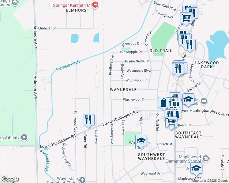 map of restaurants, bars, coffee shops, grocery stores, and more near 3009 Fairoak Drive in Fort Wayne
