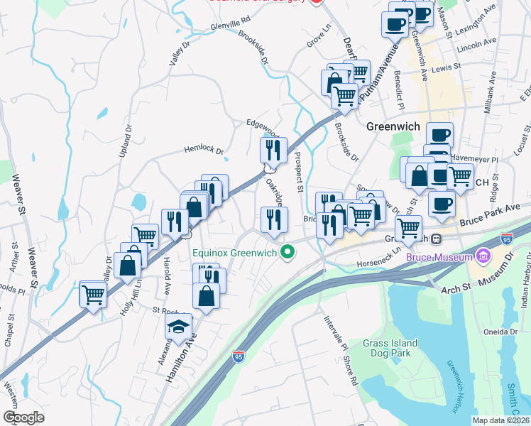 map of restaurants, bars, coffee shops, grocery stores, and more near 49 Edgewood Avenue in Greenwich