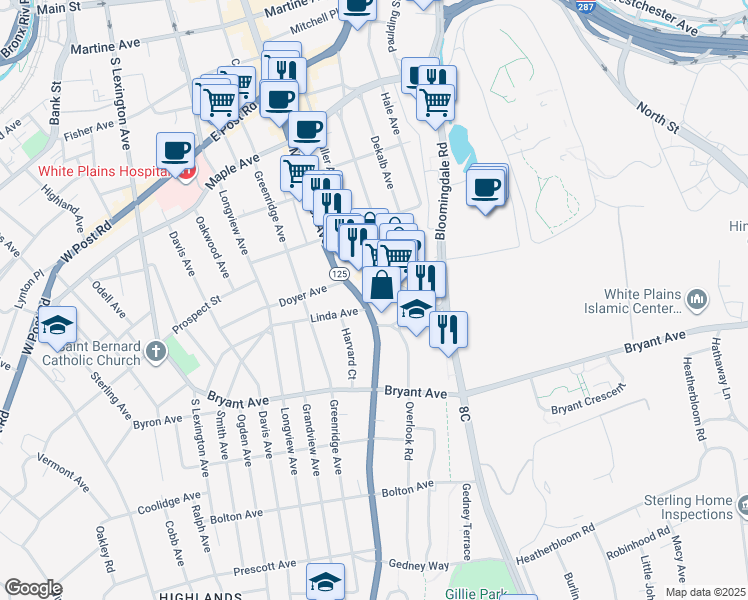 map of restaurants, bars, coffee shops, grocery stores, and more near 31 Old Mamaroneck Road in White Plains