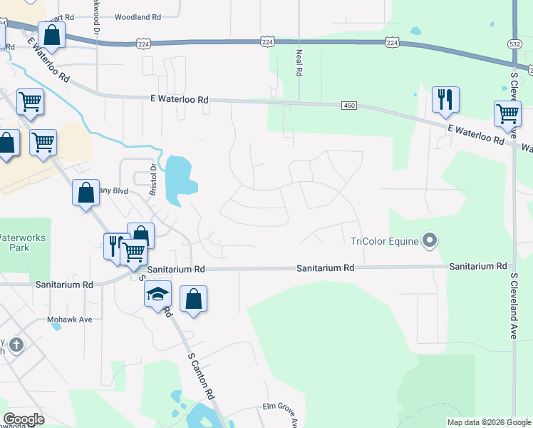map of restaurants, bars, coffee shops, grocery stores, and more near 3263 Foxford Court in Akron