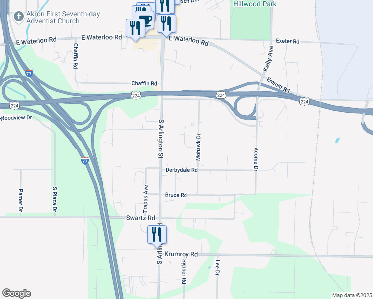 map of restaurants, bars, coffee shops, grocery stores, and more near 1700 Mohawk Drive in Akron